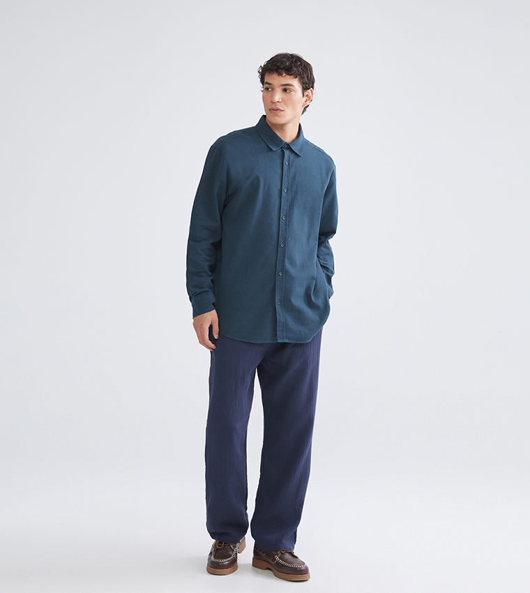 Textured Regular Fit Long Sleeves Linen Shirt