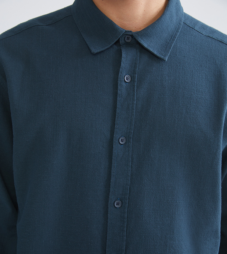 Textured Regular Fit Long Sleeves Linen Shirt