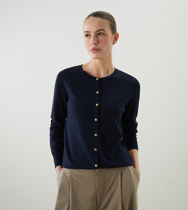 Solid Crew Neck Cardigan