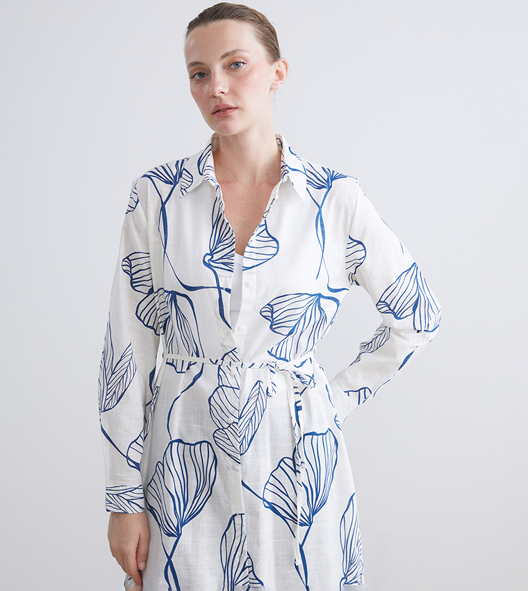 قميص تونيك بطبعة وكم طويل 