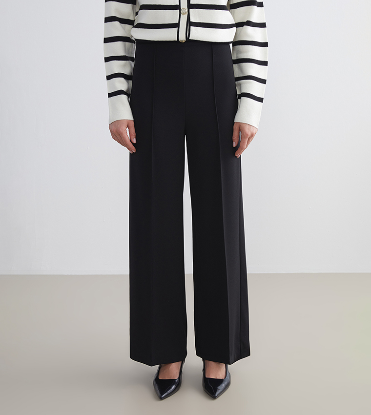 Solid High Waist Wide Leg Trousers