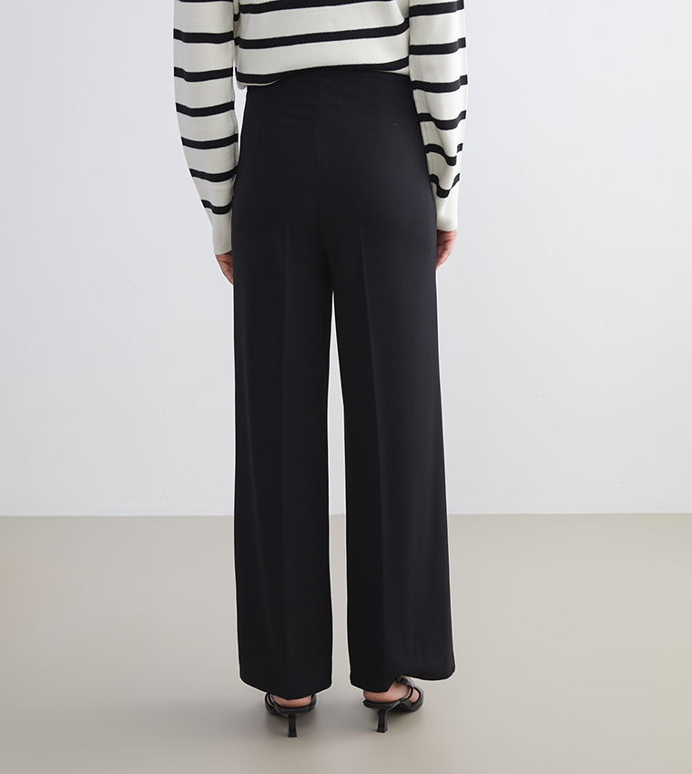 Solid High Waist Wide Leg Trousers