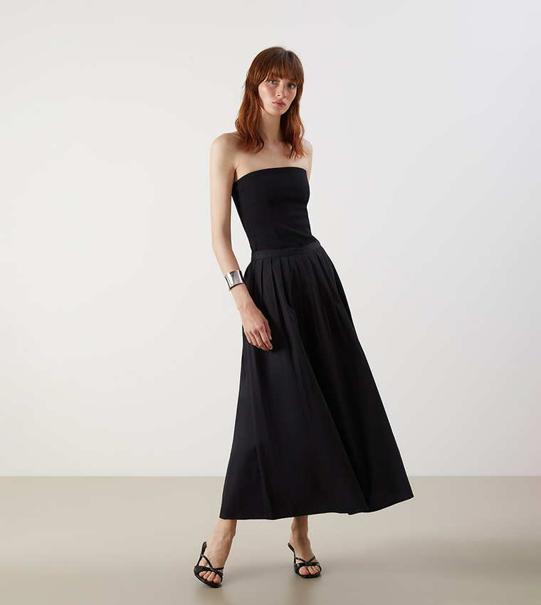 Solid Elastic Waist Midi Skirt