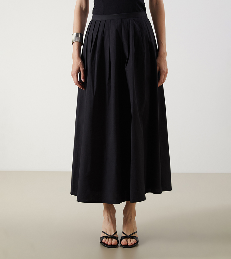 Solid Elastic Waist Midi Skirt