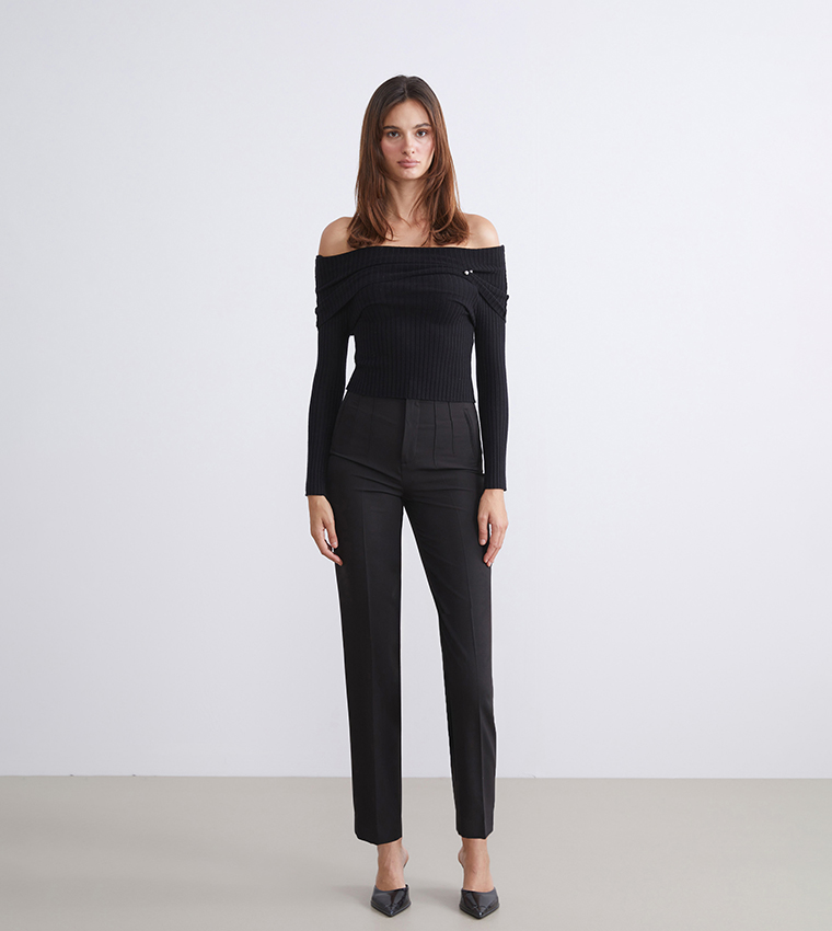 Solid High Waist Slim Fit Trousers