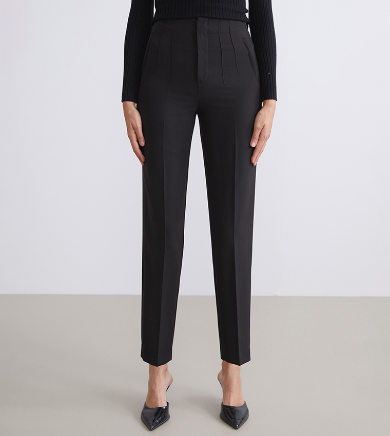 Solid High Waist Slim Fit Trousers