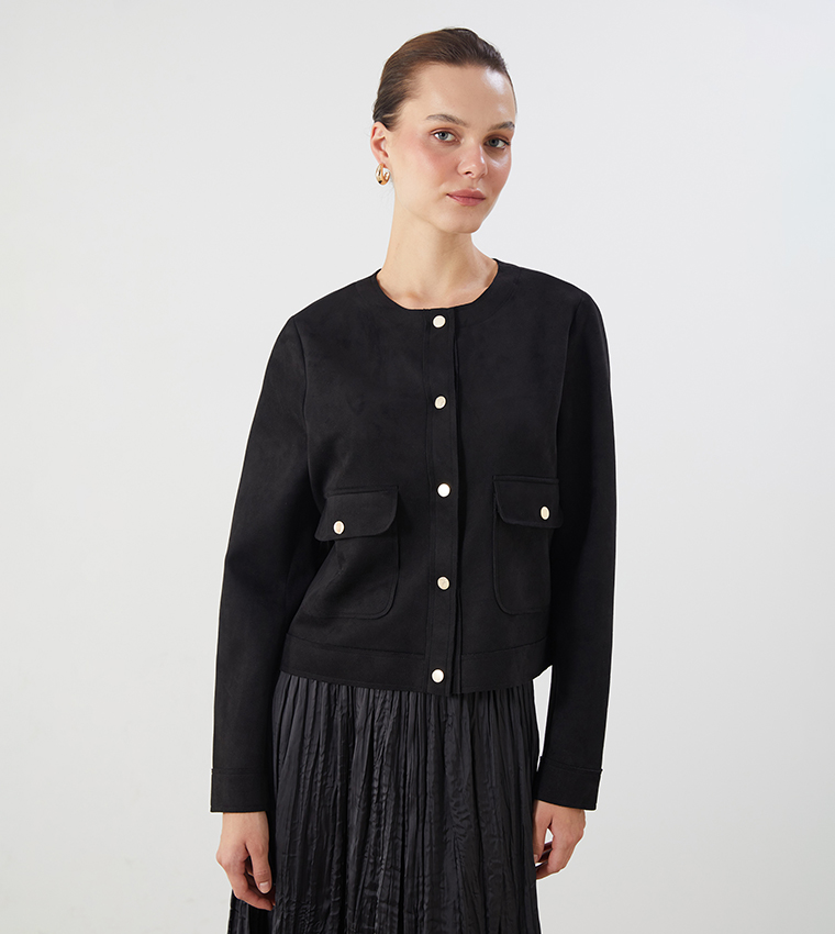 Solid Crew Neck Front Pocket Jacket