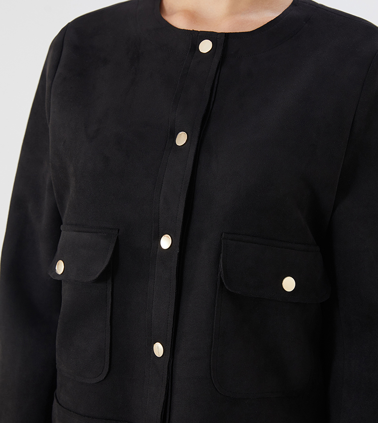 Solid Crew Neck Front Pocket Jacket