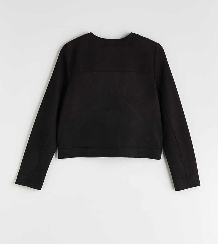 Solid Crew Neck Front Pocket Jacket