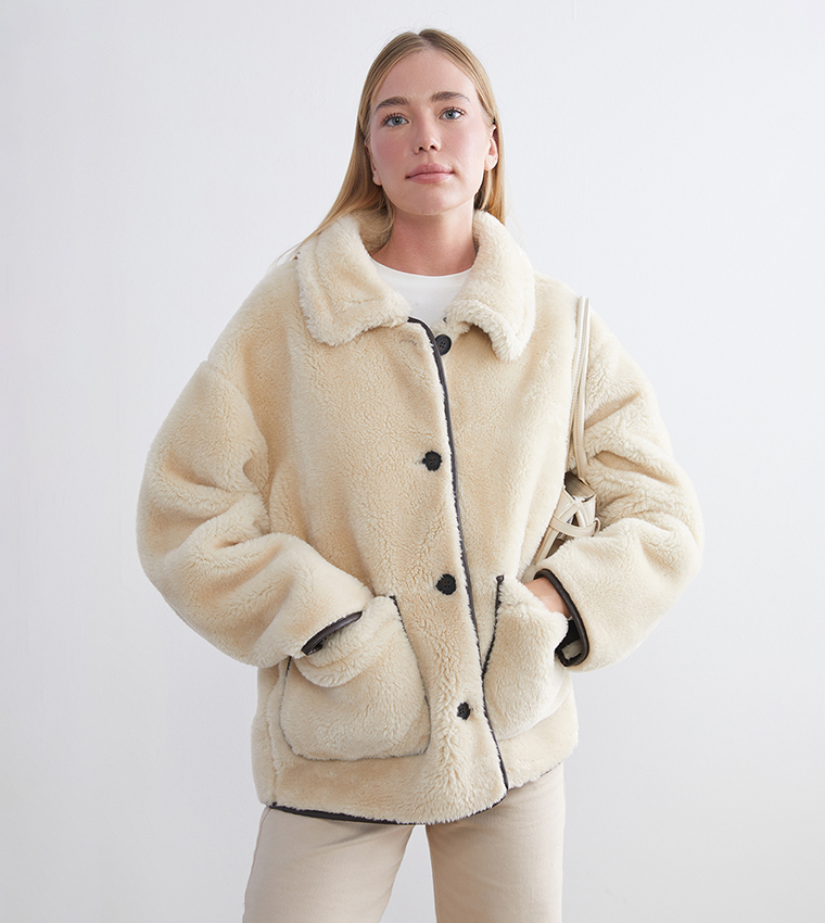 Textured Collared Button Closure Plush Coat
