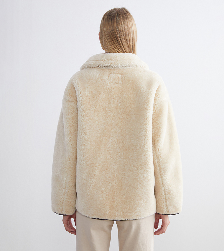 Textured Collared Button Closure Plush Coat