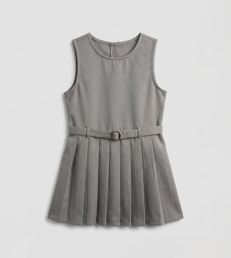 Solid Sleeveless Belt Detailed Pleated Dress