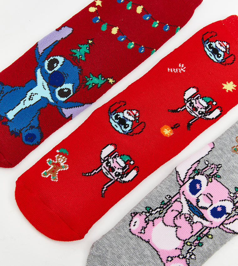 Pack of 3 Stitch Patterned Anti-Slip Terry Crew Socks