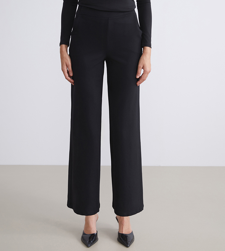 Elastic Waist Wide Leg Crepe Trousers