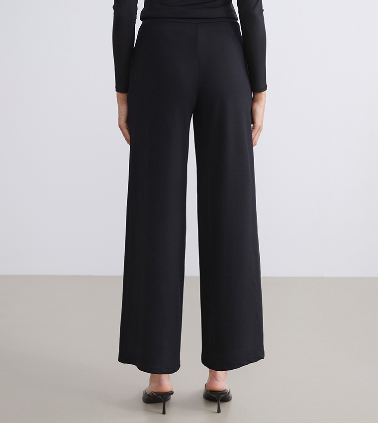 Elastic Waist Wide Leg Crepe Trousers