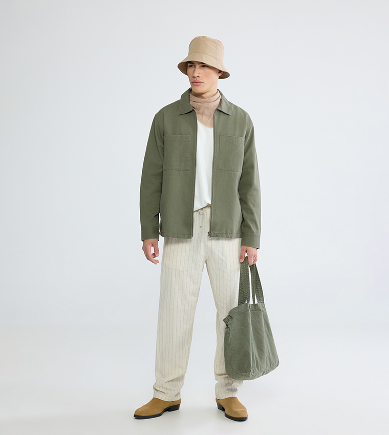 Solid Relaxed Fit Zip-Through Twill Shacket