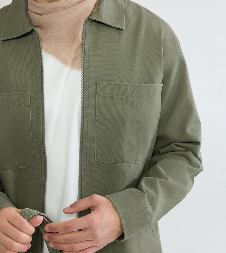 Solid Relaxed Fit Zip-Through Twill Shacket