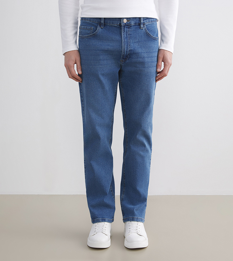 Washed Mid Rise Straight Fit Jeans