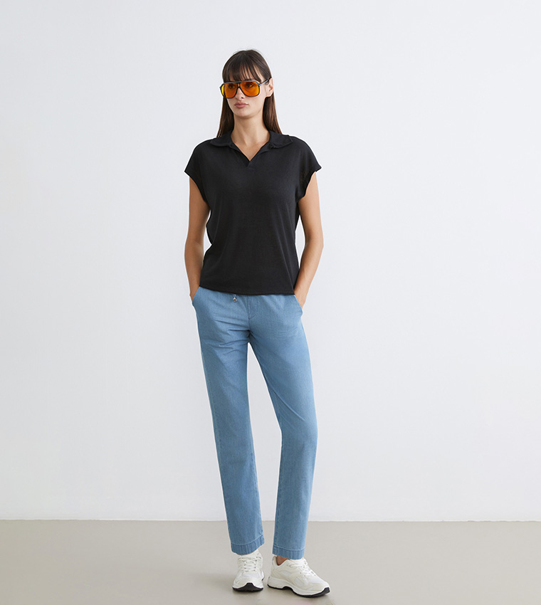 بنطلون جينز نسائي ضيق برباط على الخصر