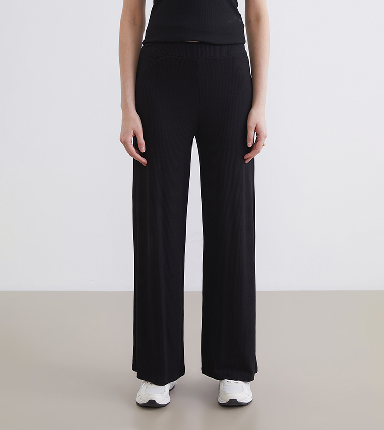 Ribbed Elastic Waist Wide Leg Pants