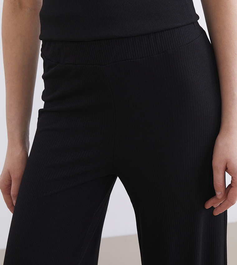 Ribbed Elastic Waist Wide Leg Pants