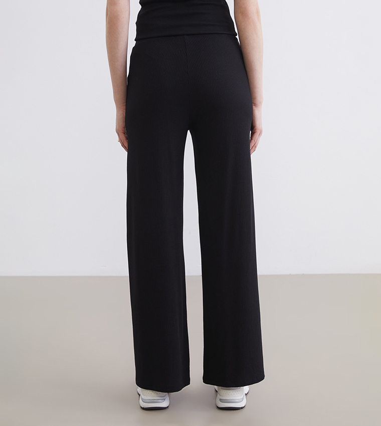 Ribbed Elastic Waist Wide Leg Pants