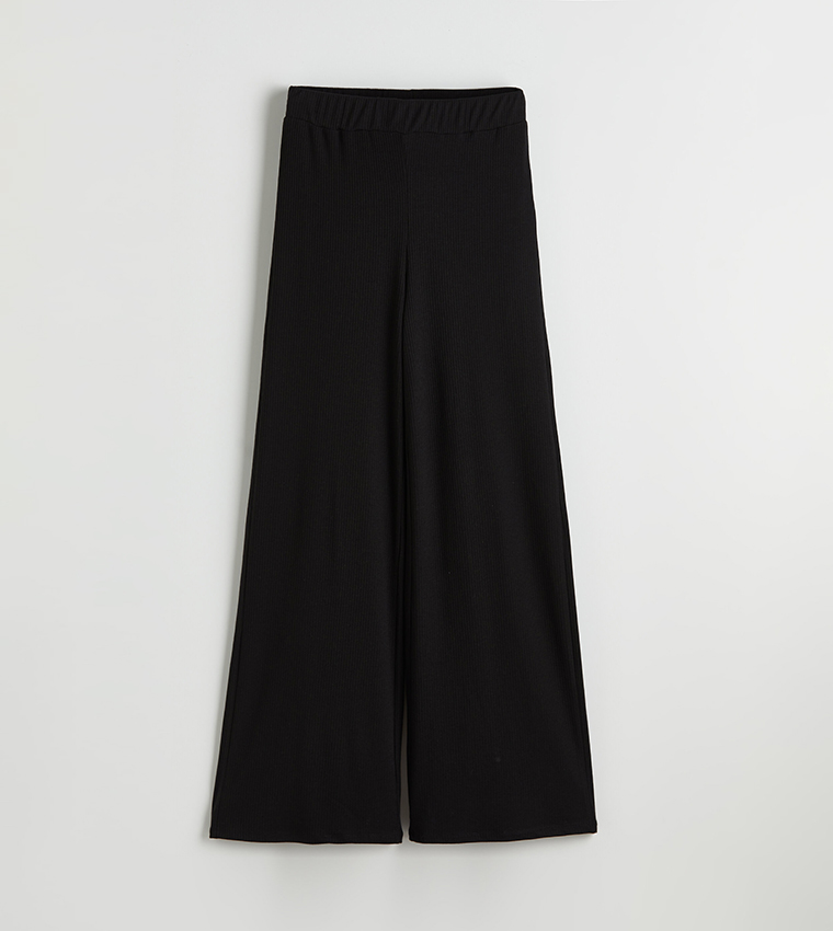 Ribbed Elastic Waist Wide Leg Pants