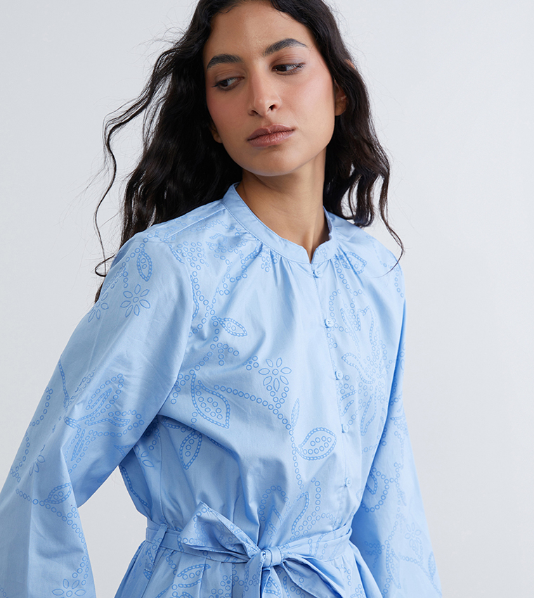 Printed Mandarin Collar Poplin Maxi Dress