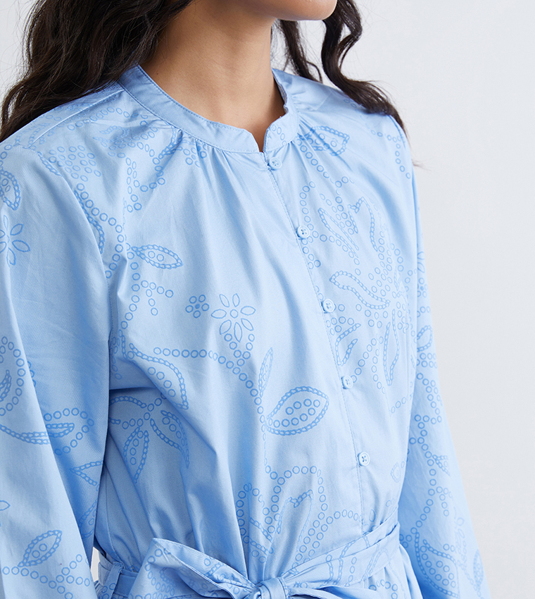 Printed Mandarin Collar Poplin Maxi Dress