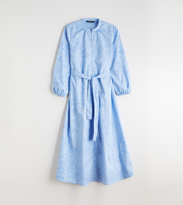 Printed Mandarin Collar Poplin Maxi Dress