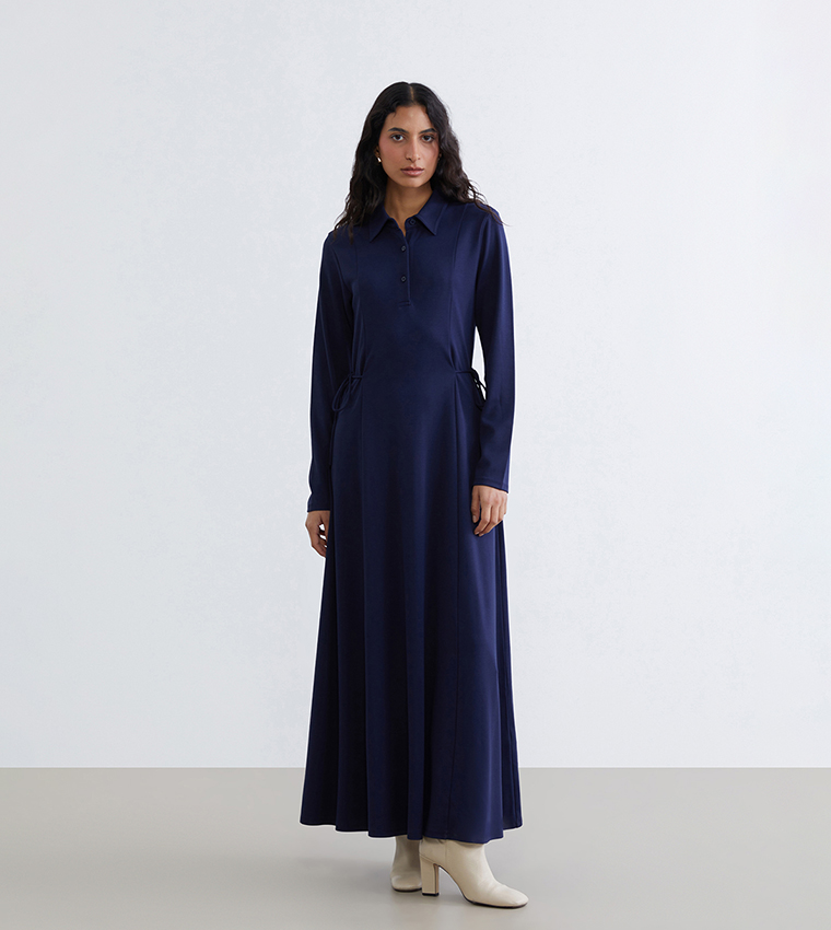 Solid Collared Long Sleeves Maxi Dress