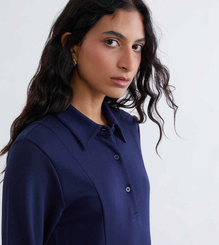 Solid Collared Long Sleeves Maxi Dress