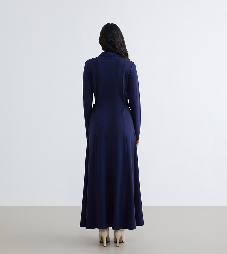 Solid Collared Long Sleeves Maxi Dress