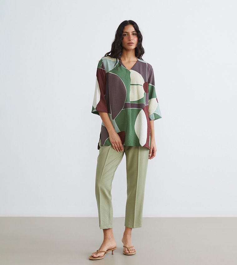 Patterned 3/4 Sleeves Oversized Top