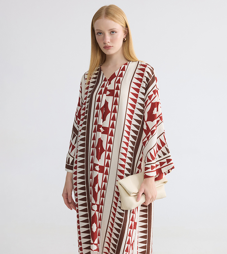 Geometric Triangle Print V-Neck Flare Sleeves Jalabiya
