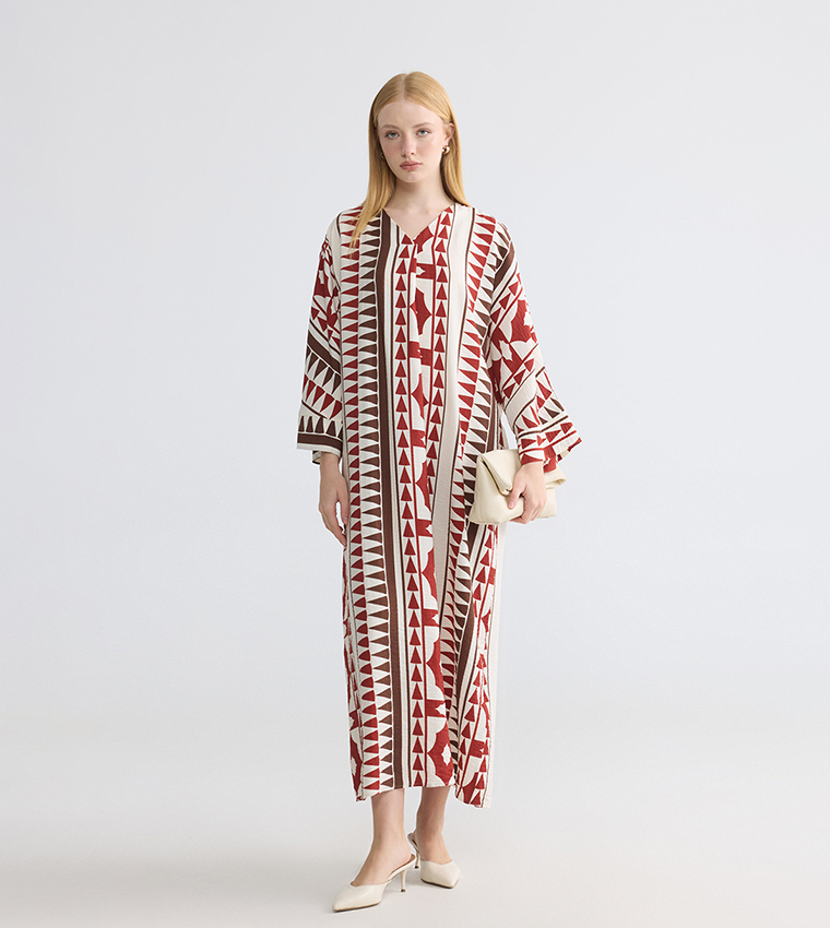 Geometric Triangle Print V-Neck Flare Sleeves Jalabiya