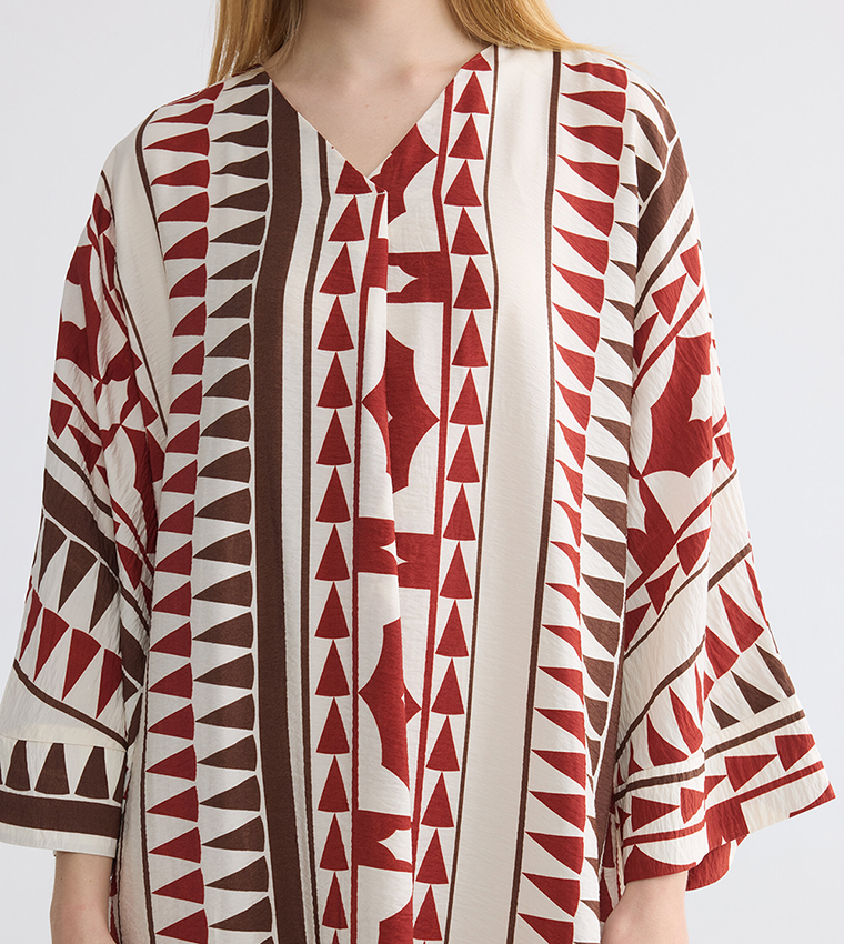 Geometric Triangle Print V-Neck Flare Sleeves Jalabiya