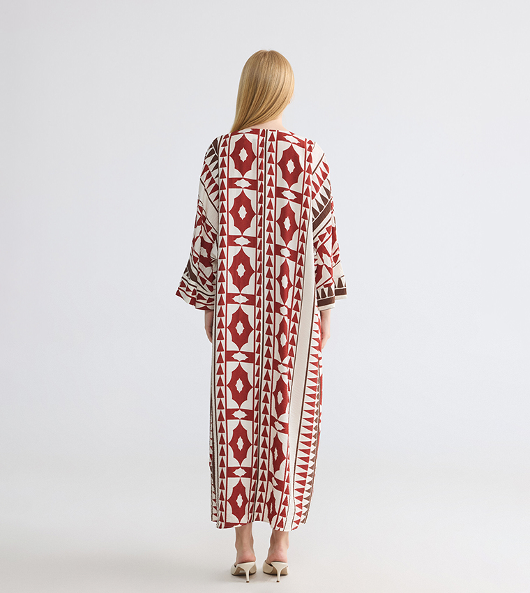 Geometric Triangle Print V-Neck Flare Sleeves Jalabiya