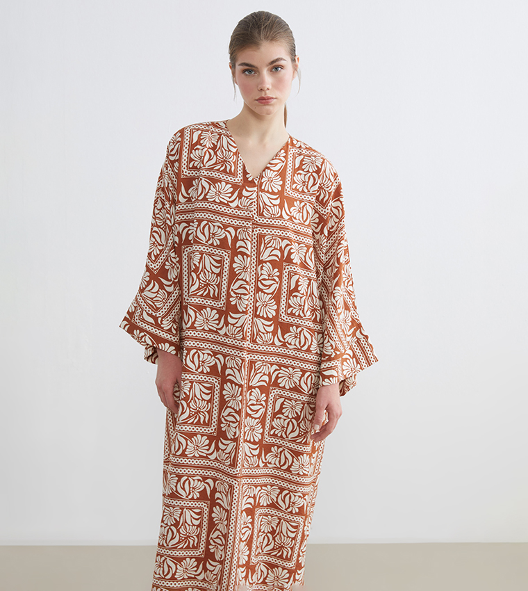 فستان ميداكسي كم 3/4 بقبة V ونقشة