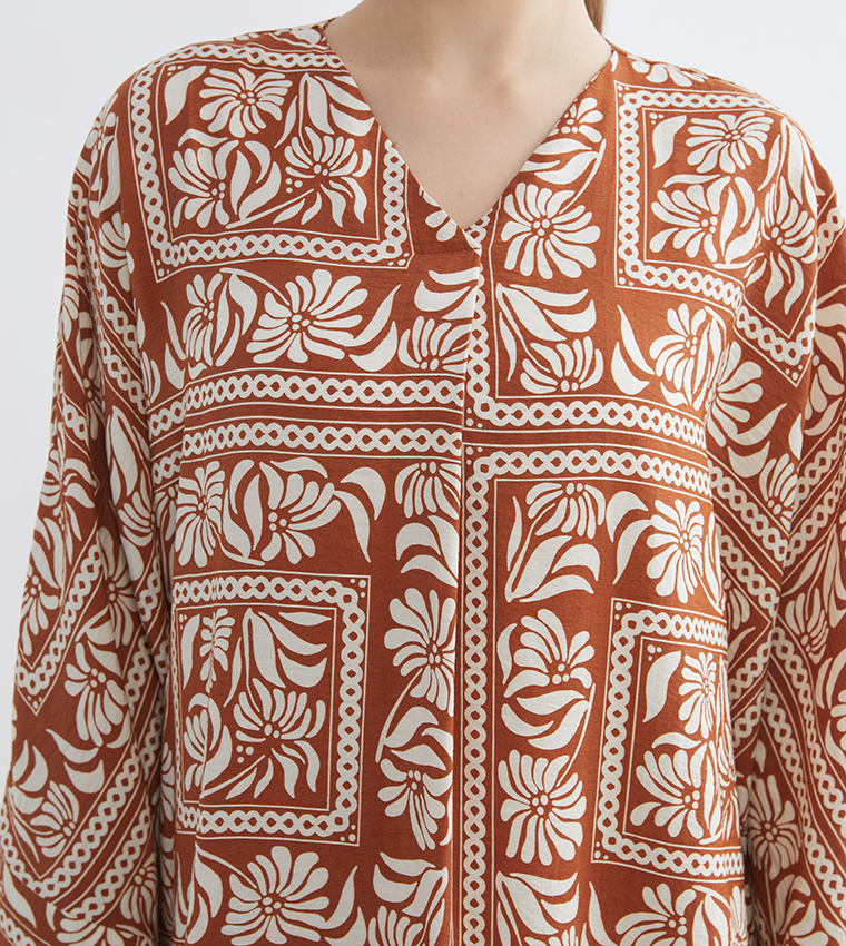 فستان ميداكسي كم 3/4 بقبة V ونقشة