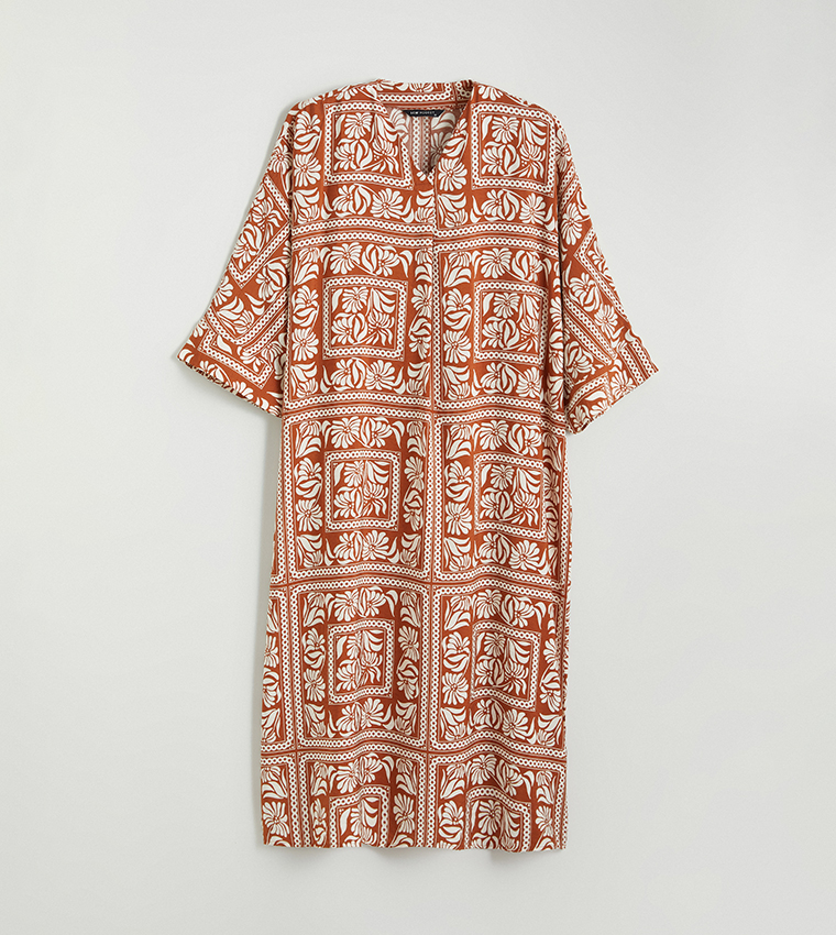 فستان ميداكسي كم 3/4 بقبة V ونقشة