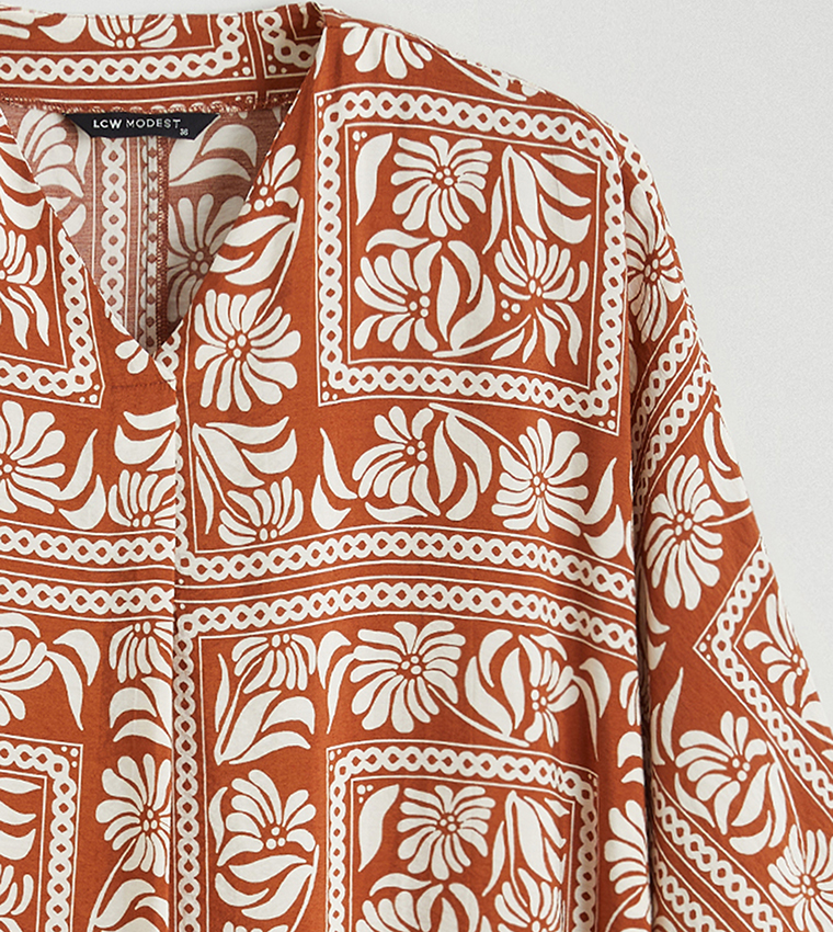 فستان ميداكسي كم 3/4 بقبة V ونقشة