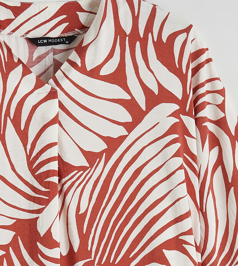 Patterned V-Neck 3/4 Sleeves Midaxi Dress