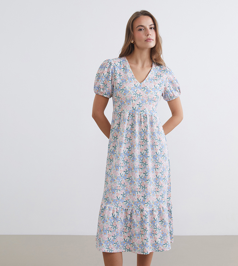 Floral Printed V-Neck Midi Dress