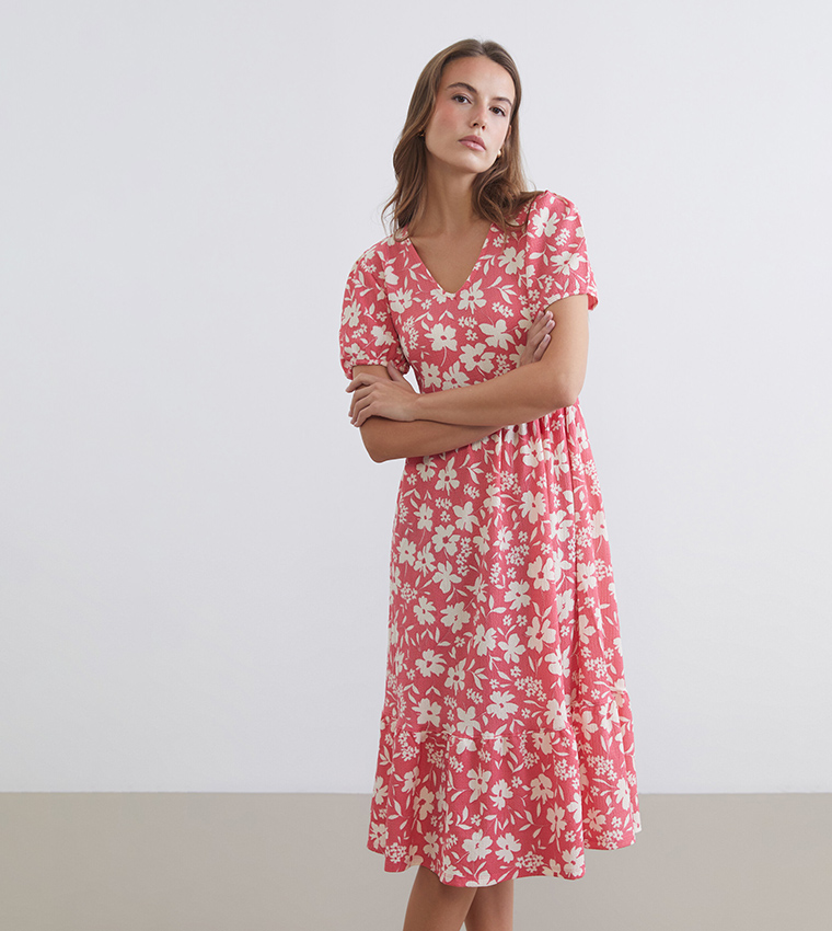 Floral Printed V-Neck Midi Dress