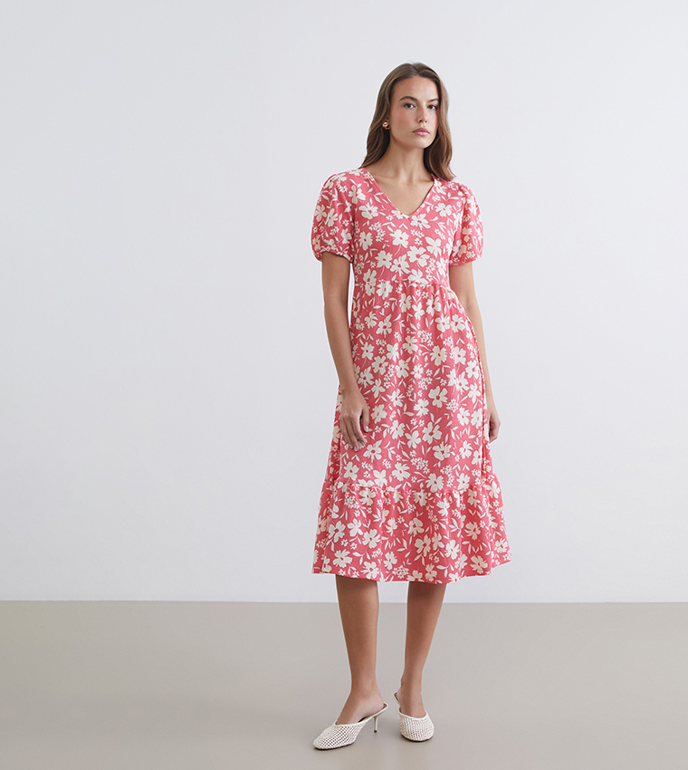 Floral Printed V-Neck Midi Dress