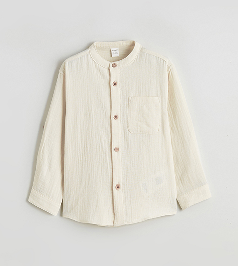 Textured Mandarin Collar Poplin Shirt