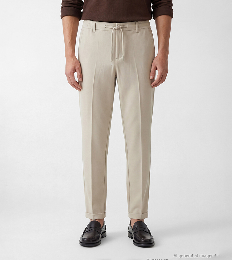 Solid Drawstring Waist Slim Fit Chinos