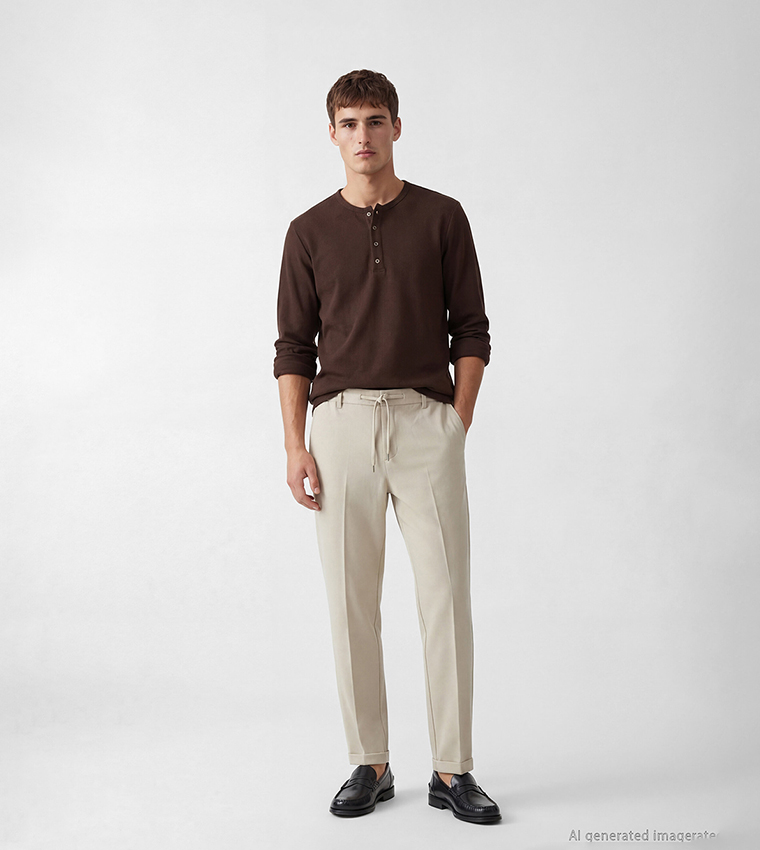 Solid Drawstring Waist Slim Fit Chinos