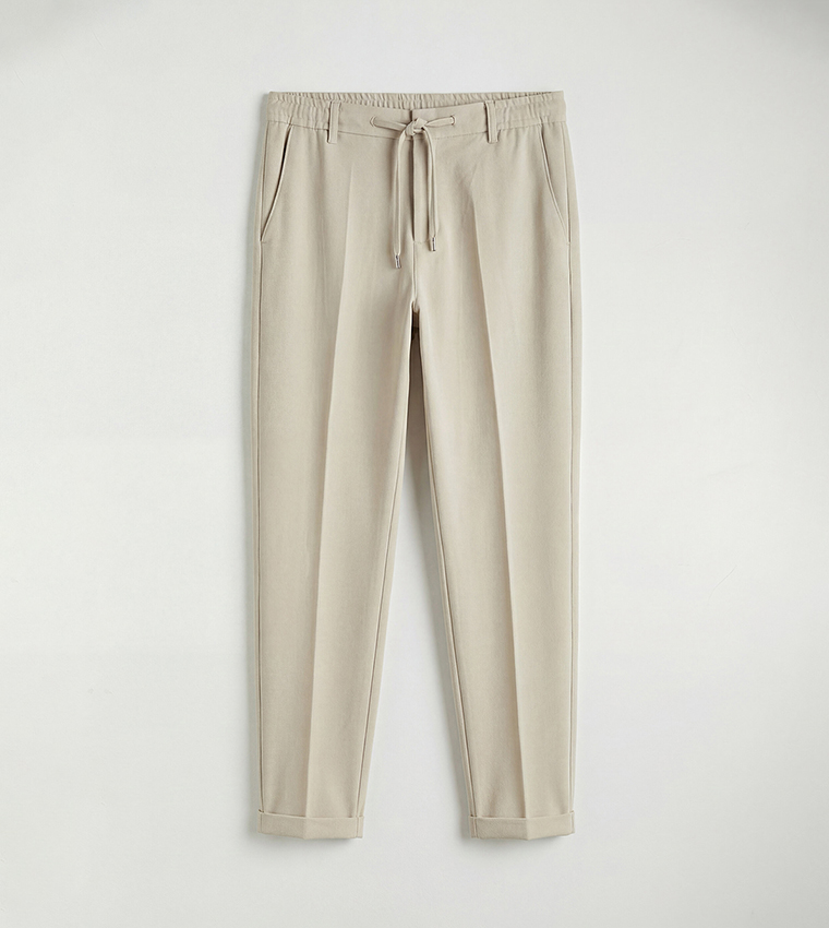 Solid Drawstring Waist Slim Fit Chinos